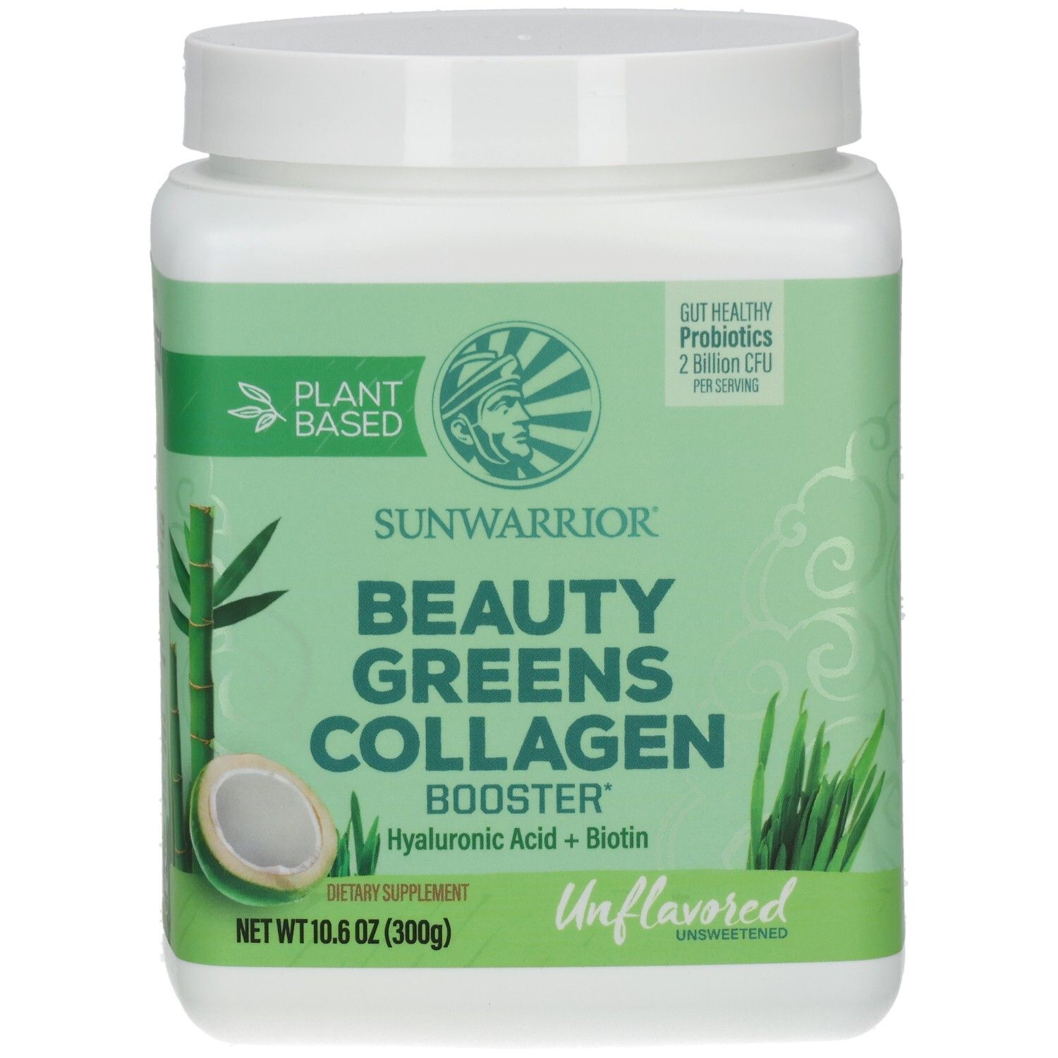 Vorderseite der Dose mit Sunwarrior Beauty Greens Collagen Booster. Zeigt Bambus, Kokosnuss und Gras-Grafiken.