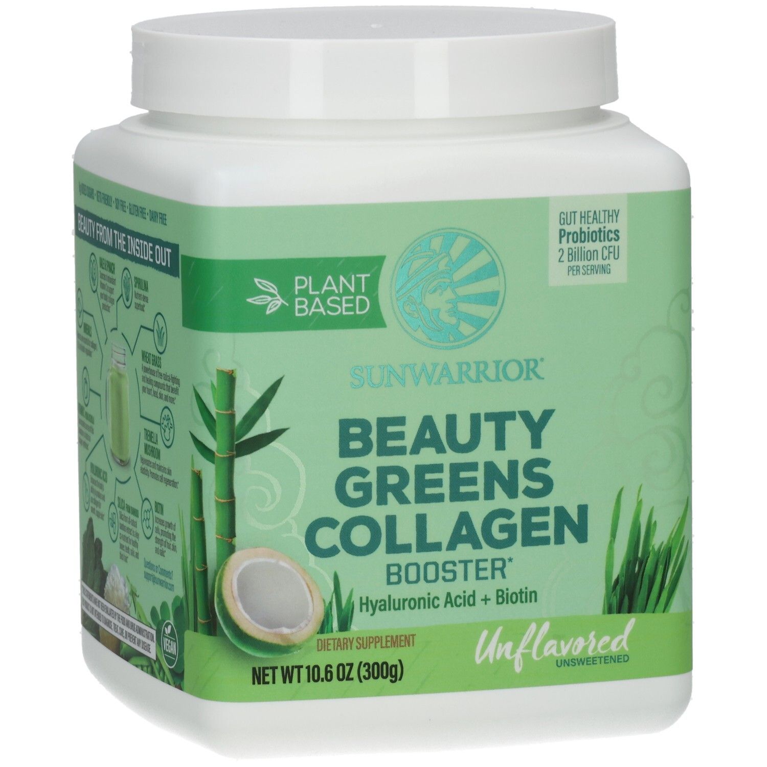 Vorderseite der Dose mit Sunwarrior Beauty Greens Collagen Booster. Enthält Hyaluronsäure und Biotin.