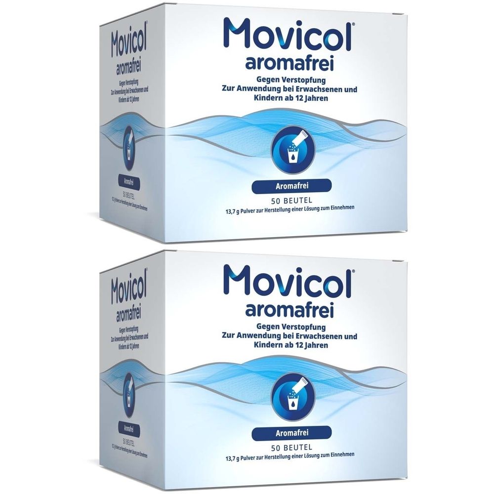 Zwei Kartons MOVICOL aromafrei. Aufschrift: Gegen Verstopfung. Für Erwachsene und Kinder ab 12 Jahren. 50 Beutel.