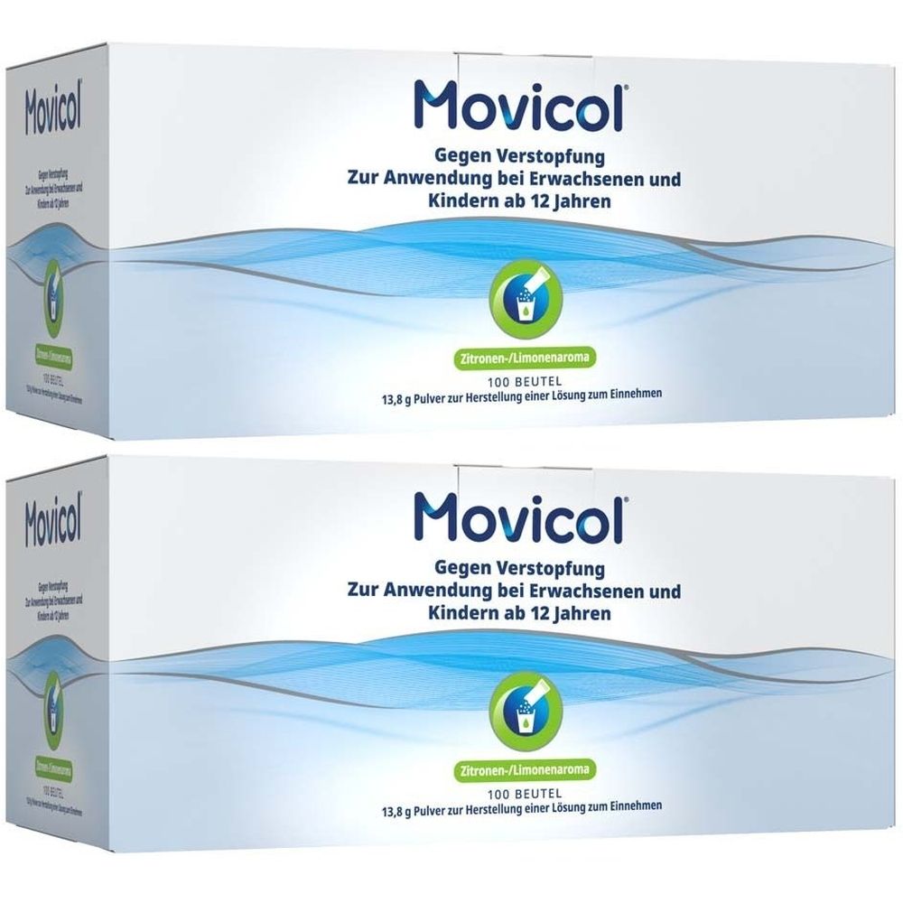 Zwei Kartons MOVICOL®. Aufschrift: Gegen Verstopfung. Für Erwachsene und Kinder ab 12 Jahren. 100 Beutel. Zitronen-Aroma.