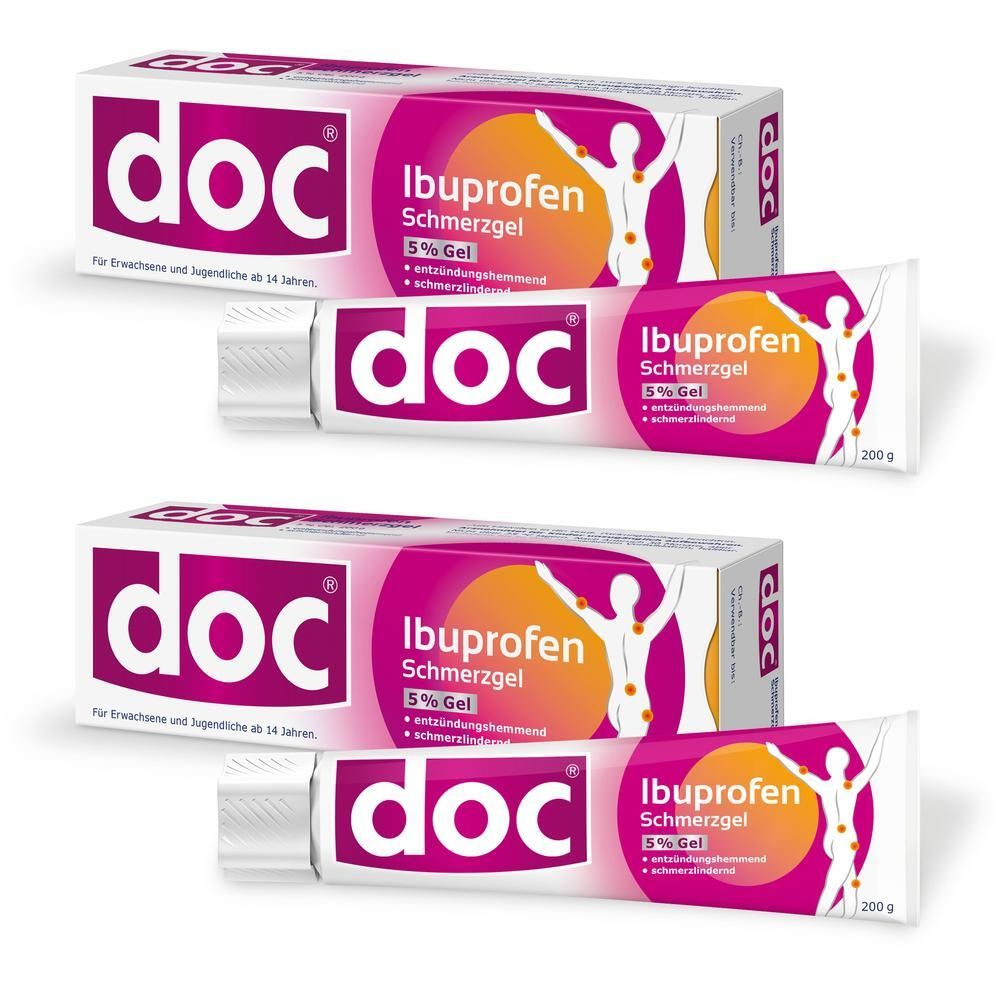Mehrere Packungen und Tuben doc® Ibuprofen Schmerzgel. Verpackung: weiß-pink, Schriftzug doc®, Ibuprofen. Tuben: weiß, Schriftzug doc®.