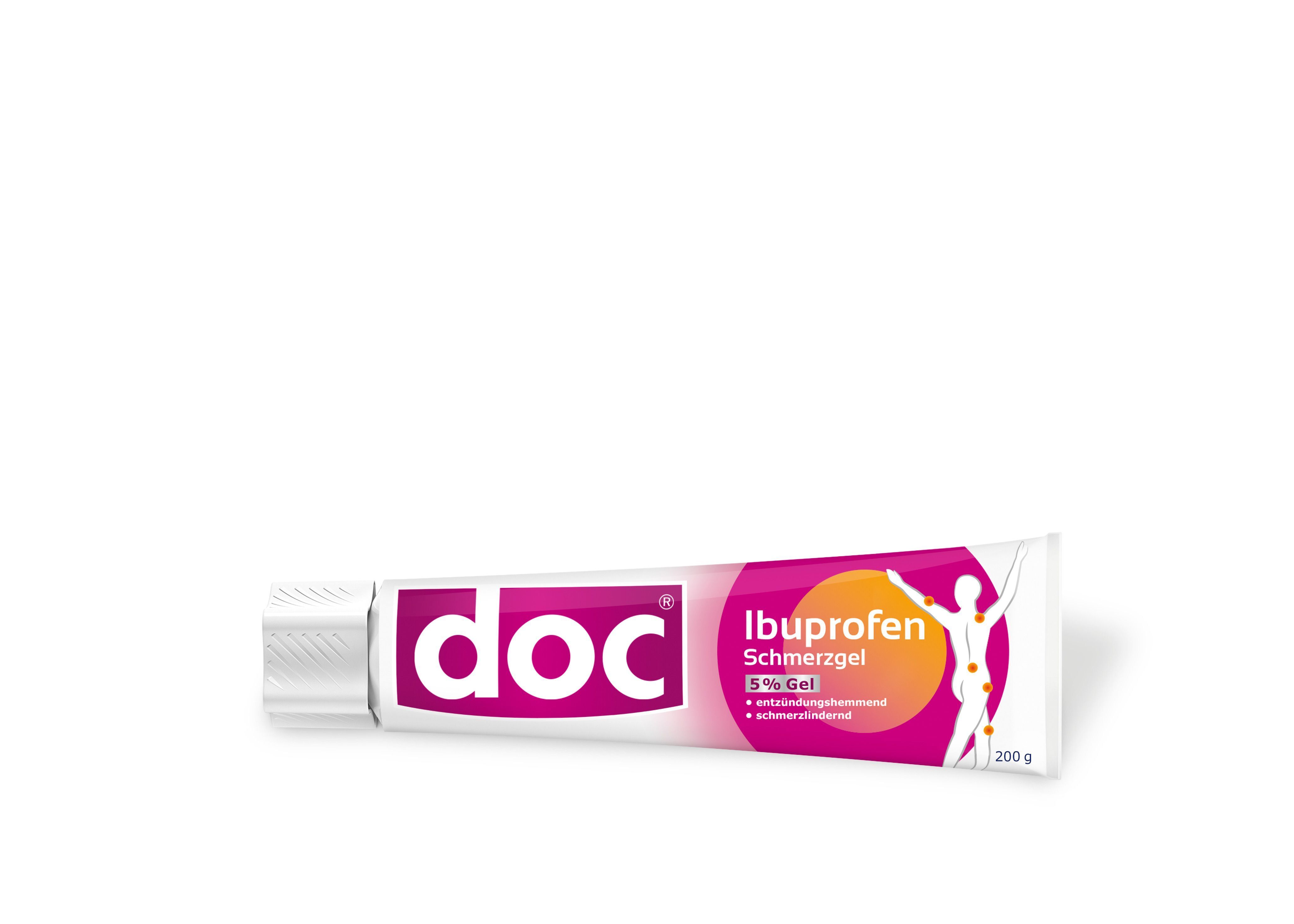 Tuben doc® Ibuprofen Schmerzgel. Weiß, pink, Schriftzug doc®, Ibuprofen. 200g. Auf weißem Hintergrund.