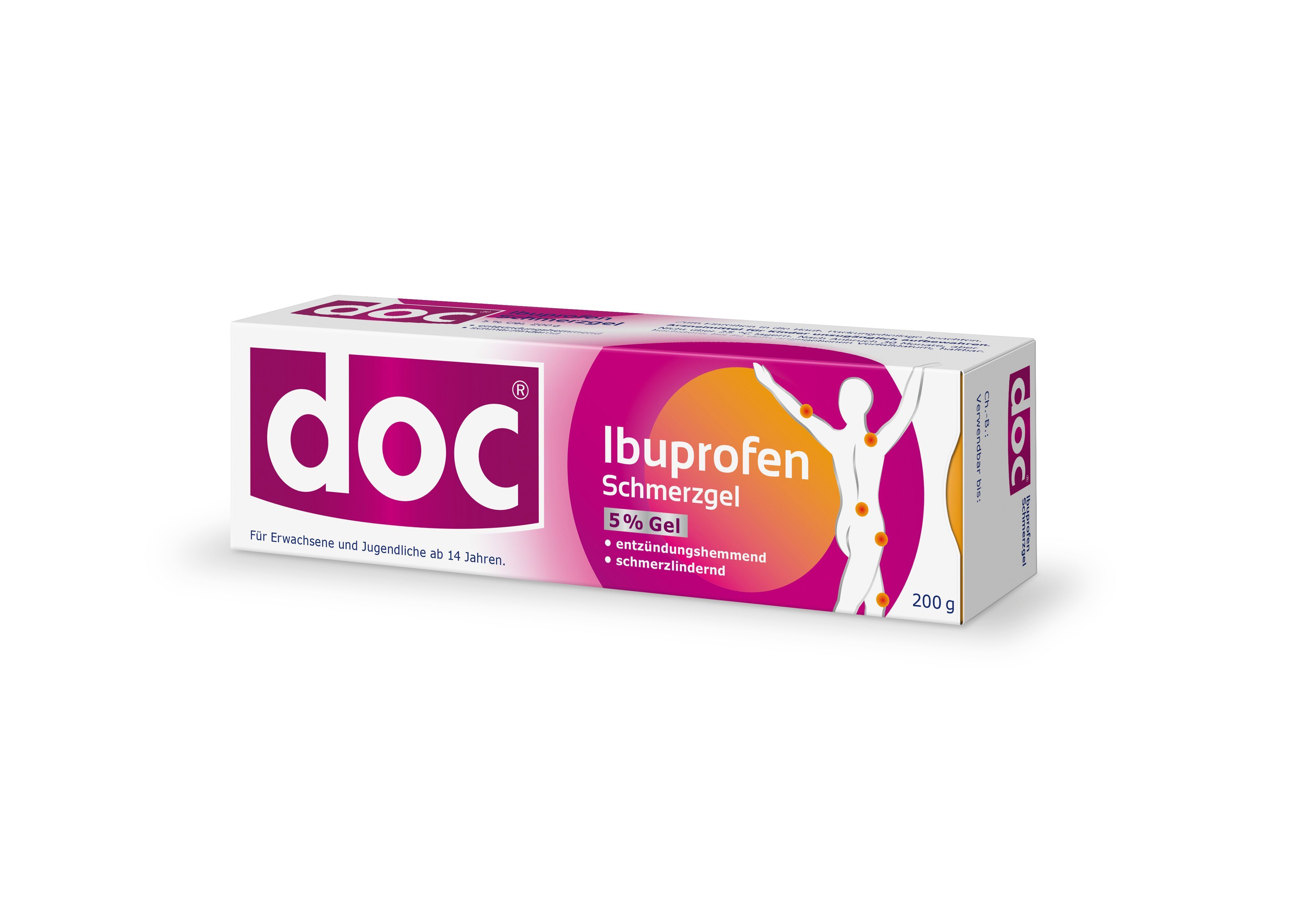 Packung doc® Ibuprofen Schmerzgel. Weiß-pink, Schriftzug doc®, Ibuprofen. 200g. Auf weißem Hintergrund.