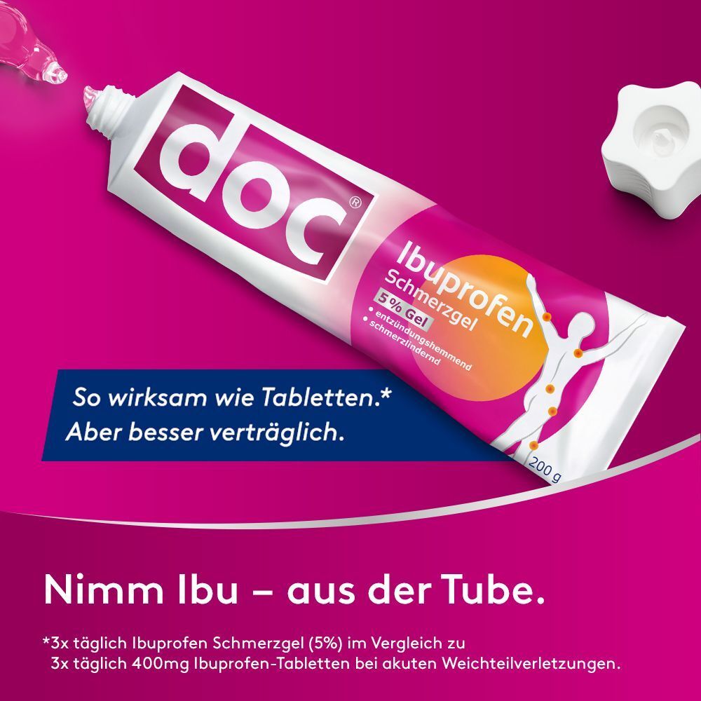 Tuben doc® Ibuprofen Schmerzgel, pinker Hintergrund. Gel wird aus der Tube gedrückt. Text: So wirksam wie Tabletten. Aber besser verträglich.