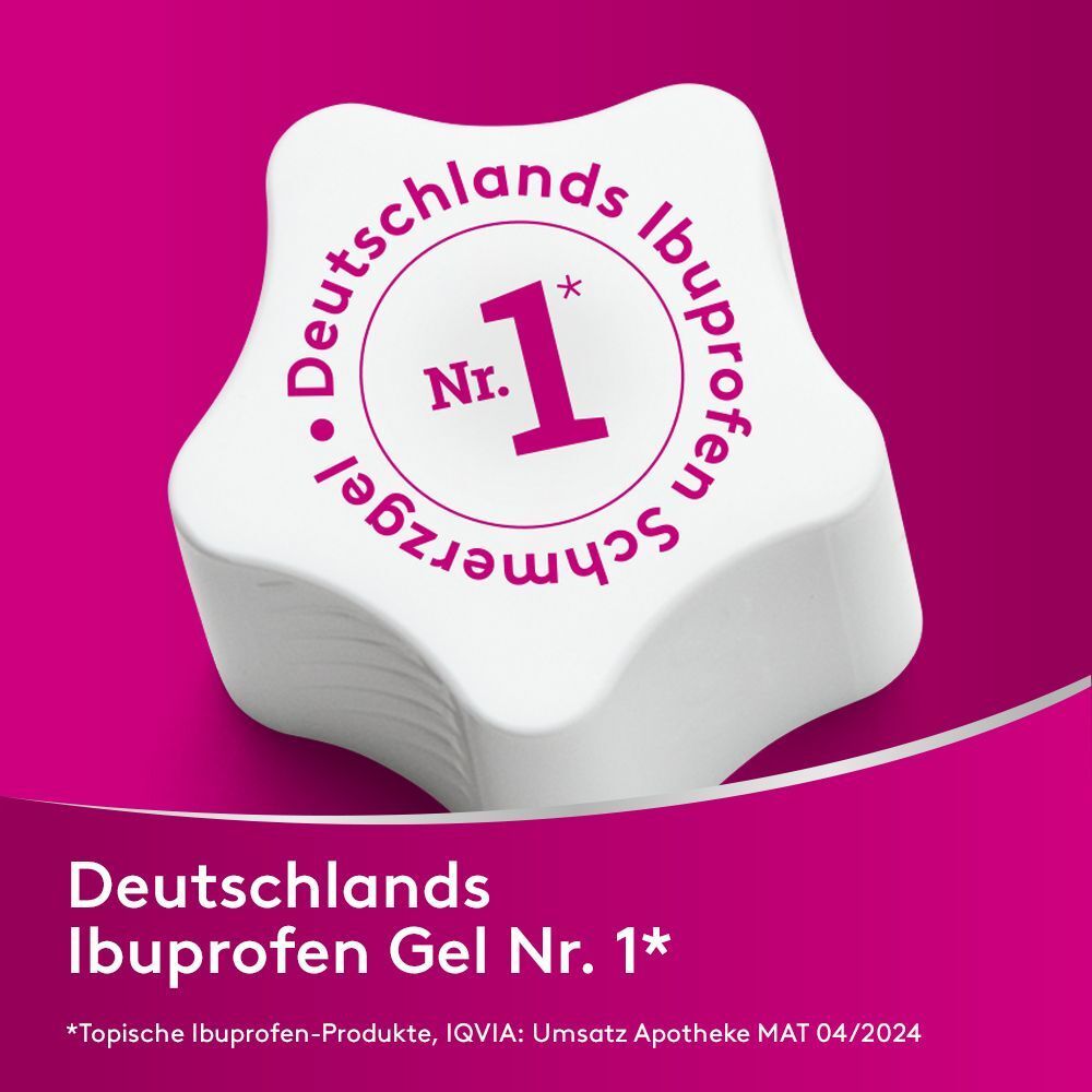 Weißer Verschluss, sternförmig. Text: Deutschlands Ibuprofen Gel Nr. 1*. Pinker Hintergrund. Text: Deutschlands Ibuprofen Gel Nr. 1*.