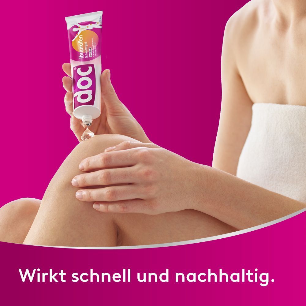 Tuben doc® Ibuprofen Schmerzgel, pinker Hintergrund. Gel wird auf das Knie aufgetragen. Text: Wirkt schnell und nachhaltig.