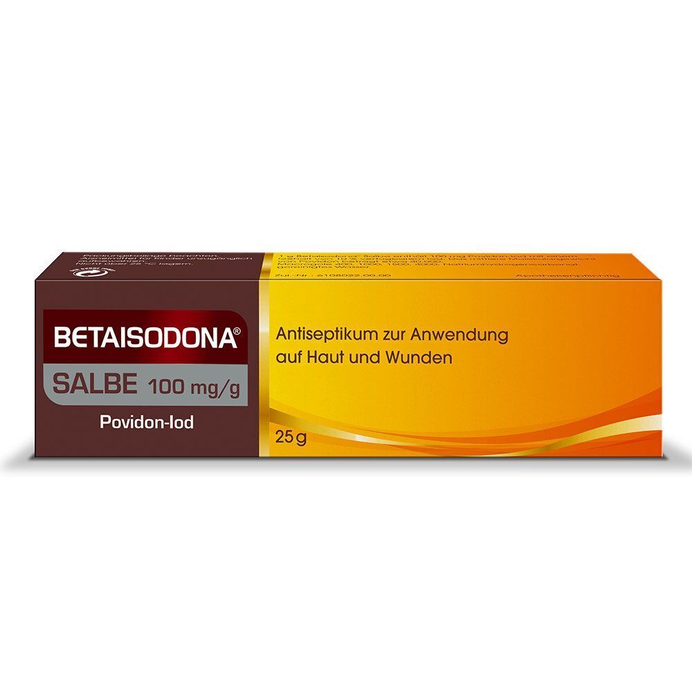 Braune und gelbe Schachtel mit Salbe. Aufschrift: Betaisodona Salbe 100 mg/g. Antiseptikum zur Anwendung auf Haut und Wunden.