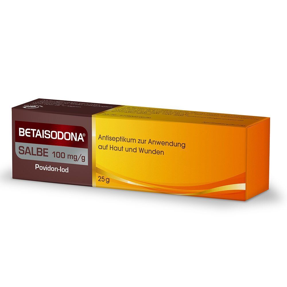 Braune und gelbe Schachtel mit Salbe. Aufschrift: Betaisodona Salbe 100 mg/g. Antiseptikum zur Anwendung auf Haut und Wunden.
