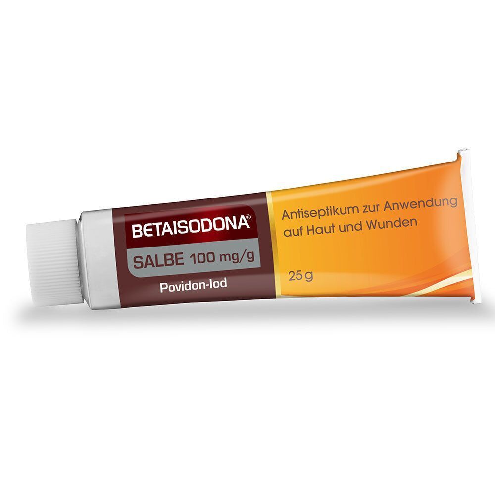 Tube mit Salbe. Aufschrift: Betaisodona Salbe 100 mg/g. Antiseptikum zur Anwendung auf Haut und Wunden. 25g.