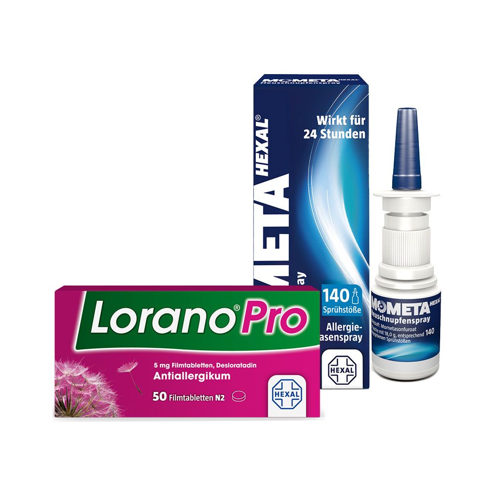 Drei Produkte: Nasenspray, Tablettenpackung und Schachtel. Beschriftungen: MometaHEXAL, Lorano Pro, Allergie-Nasenspray.