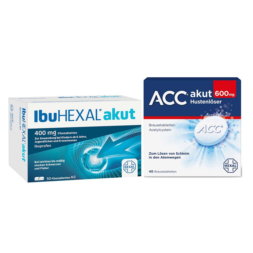 Zwei Medikamentenpackungen: IbuHEXAL akut 400 mg und ACC akut 600 mg Hustenlöser. Beide Packungen zeigen Produktnamen und relevante Informationen.