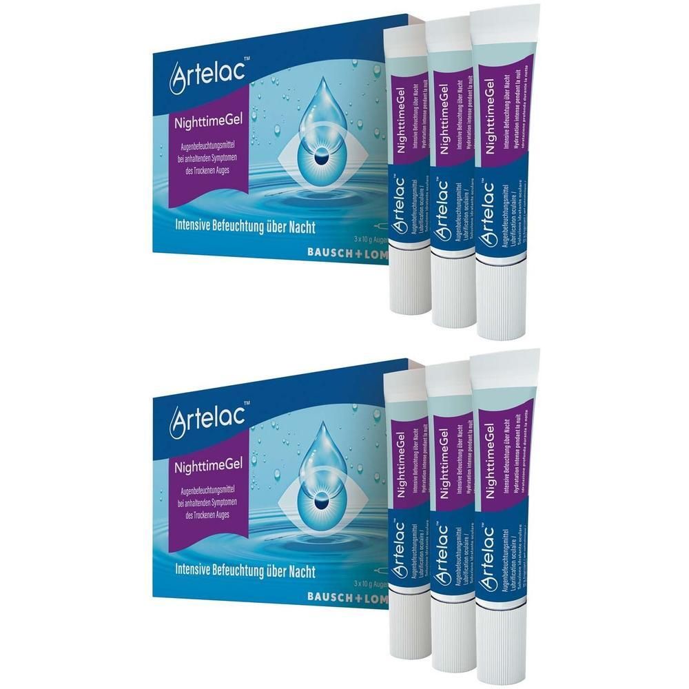 Zwei Packungen und sechs Tuben Artelac Nighttime Gel. Blaue Verpackung mit Produktnamen und Augensymbol. Tuben mit Produktnamen.