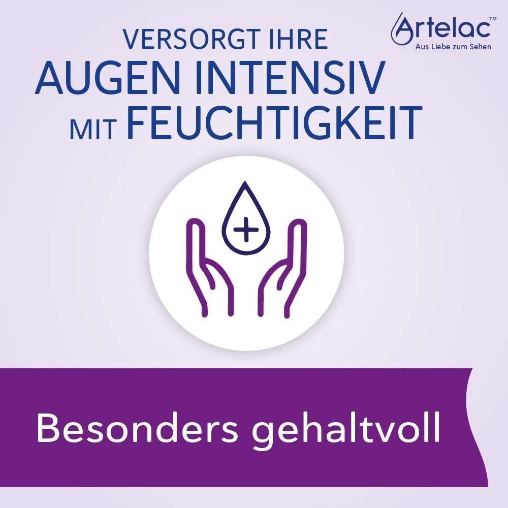 Hände halten eine Träne mit Pluszeichen. Text: Besonders gehaltvoll. Artelac Logo.