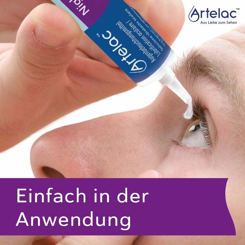 Nahaufnahme eines Auges, aus dem Artelac Nighttime Gel tropft. Text: Einfach in der Anwendung. Artelac Logo.