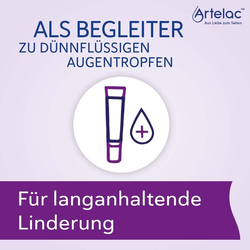 Symbol einer Tube und eines Tropfens mit Pluszeichen. Text: Für langanhaltende Linderung. Artelac Logo.