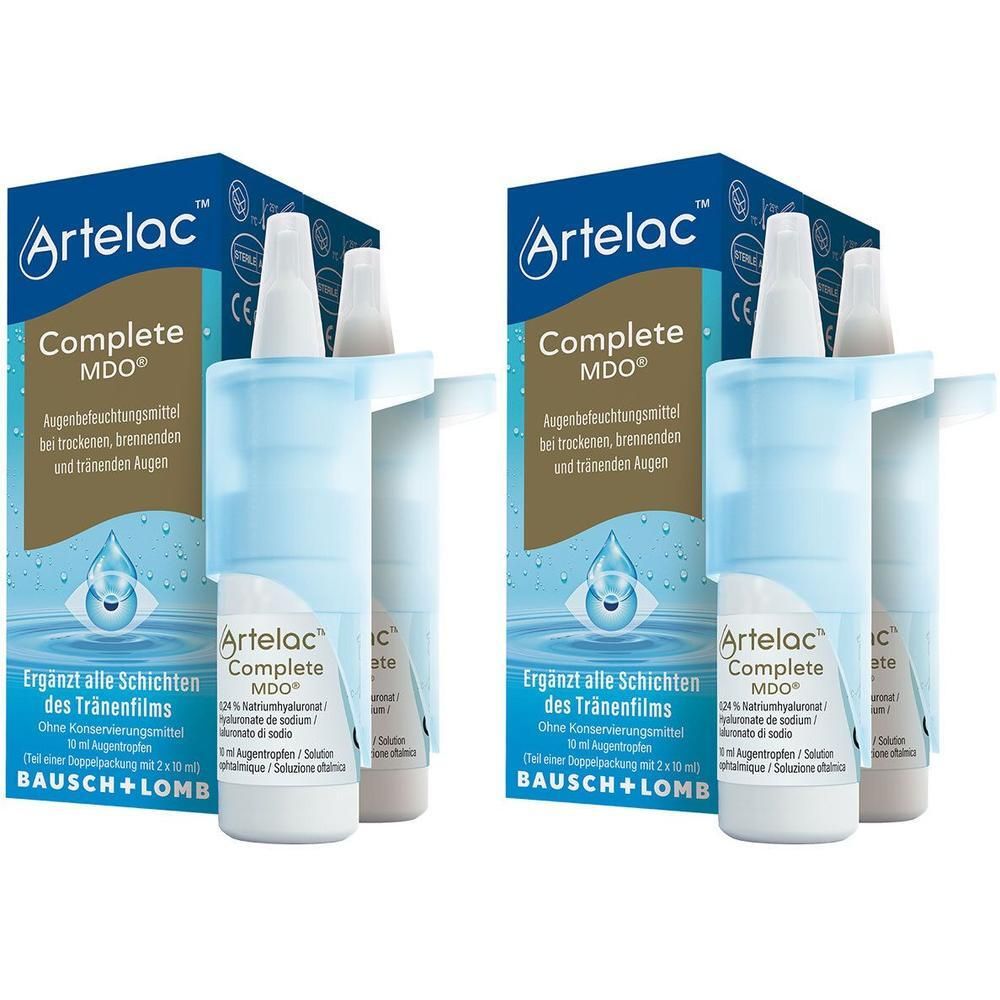 Zwei Packungen Artelac® Complete MDO. Blaue Verpackung mit Produktinformationen und Flasche. Aufdruck: Augentropfen.