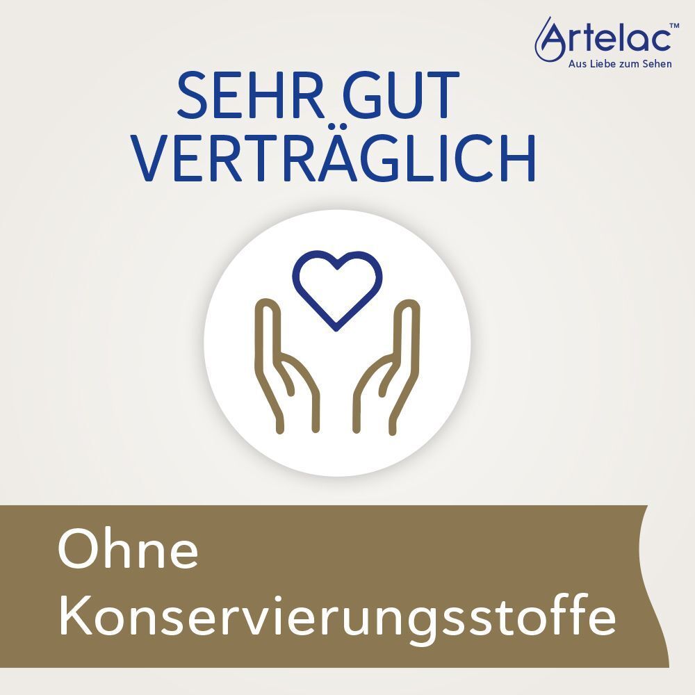 Text: Sehr gut verträglich. Hände halten Herz. Text: Ohne Konservierungsstoffe. Logo: Artelac®.