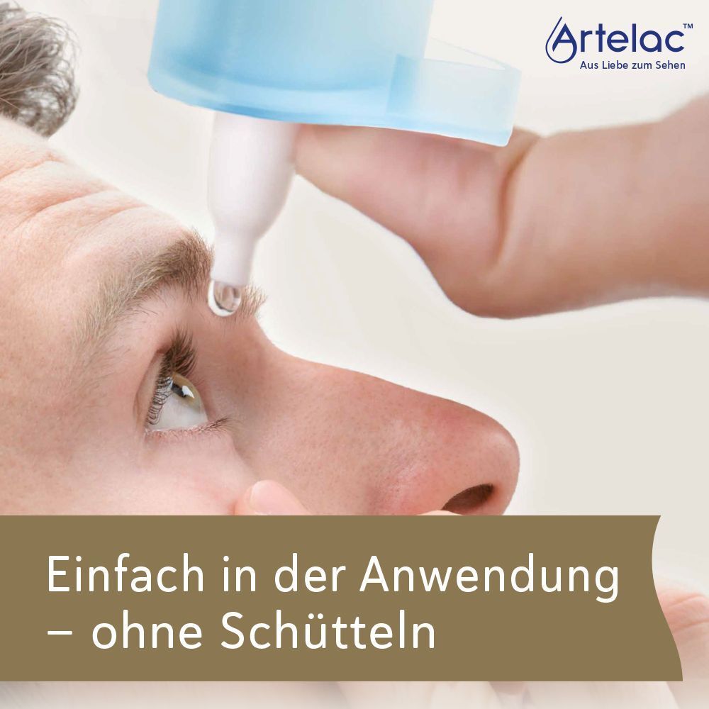 Mann bekommt Augentropfen. Text: Einfach in der Anwendung – ohne Schütteln. Logo: Artelac®.