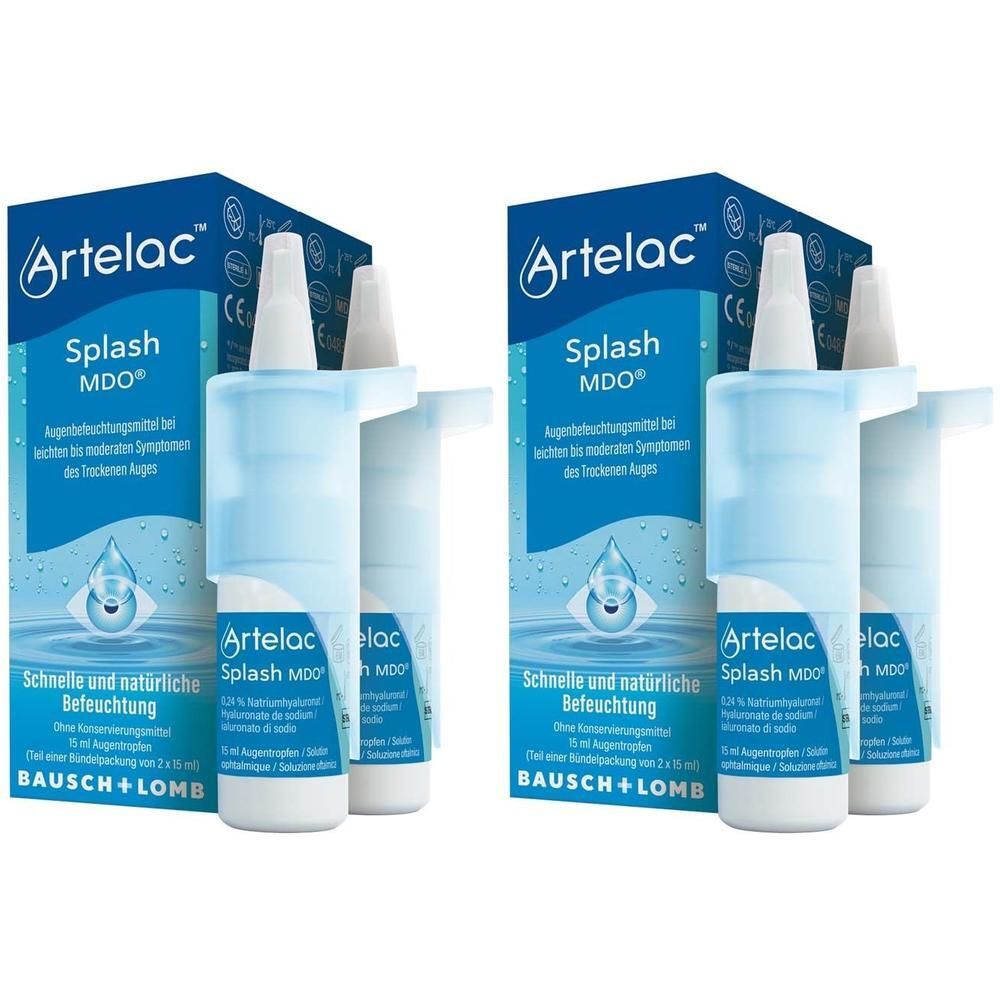 Zwei Packungen Artelac® Splash MDO® Augentropfen. Jede Packung enthält Flaschen und eine blaue Halterung. Bausch + Lomb Logo.
