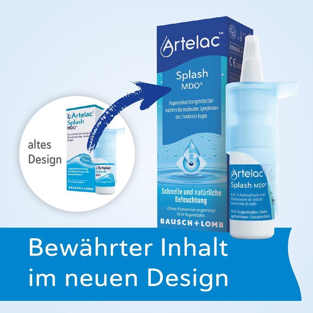 Vergleich von altem und neuem Design von Artelac® Splash MDO®. Das neue Design zeigt eine Flasche und Verpackung. Text: Bewährter Inhalt im neuen Design.