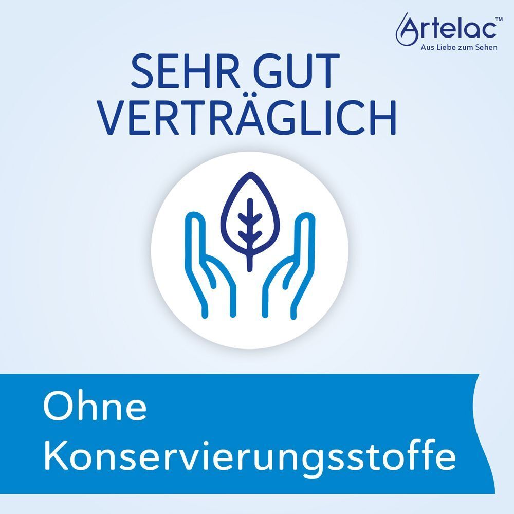 Grafik mit Händen, die ein Blatt halten. Text: Sehr gut verträglich. Ohne Konservierungsstoffe. Artelac Logo.