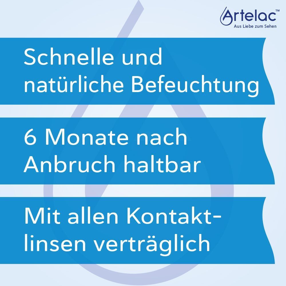 Text auf blauem Hintergrund: Schnelle und natürliche Befeuchtung. 6 Monate nach Anbruch haltbar. Mit allen Kontaktlinsen verträglich. Artelac Logo.
