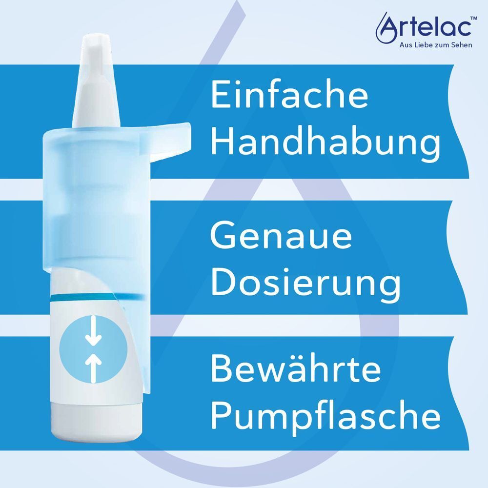 Nahaufnahme einer Augentropfenflasche. Text: Einfache Handhabung. Genaue Dosierung. Bewährte Pumpflasche. Artelac Logo.