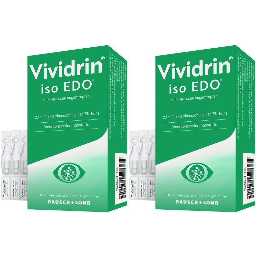 Zwei grüne Schachteln mit weißen Ampullen. Aufdruck: Vividrin iso EDO antiallergische Augentropfen, Bausch + Lomb.