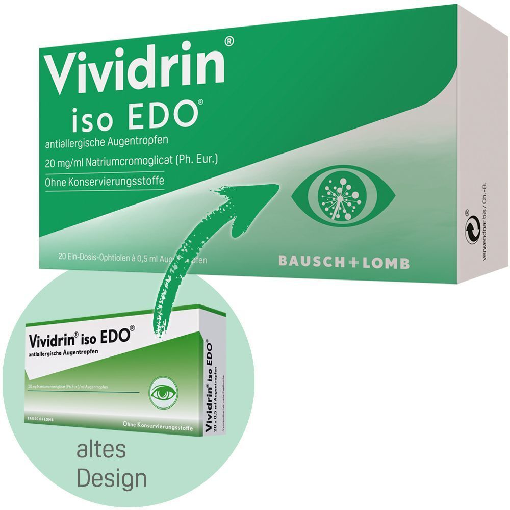 Grüne Schachtel mit weißer Ampulle. Aufdruck: Vividrin iso EDO antiallergische Augentropfen, Bausch + Lomb. Kleines Bild: altes Design.