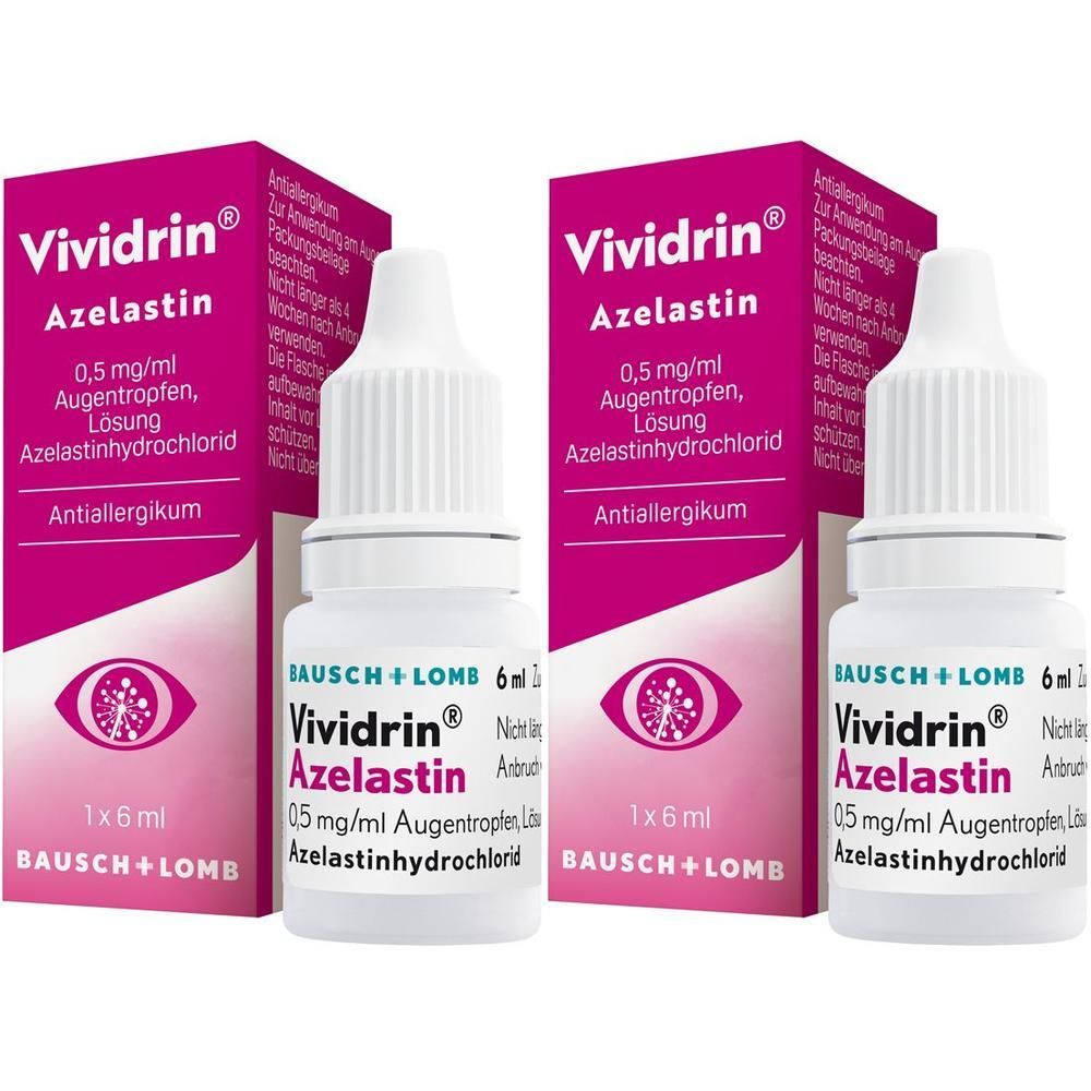 Zwei Packungen Vividrin Azelastin Augentropfen, 0,5 mg/ml, mit Flaschen. Verpackung mit Produktnamen, Inhaltsstoffen und Logo.