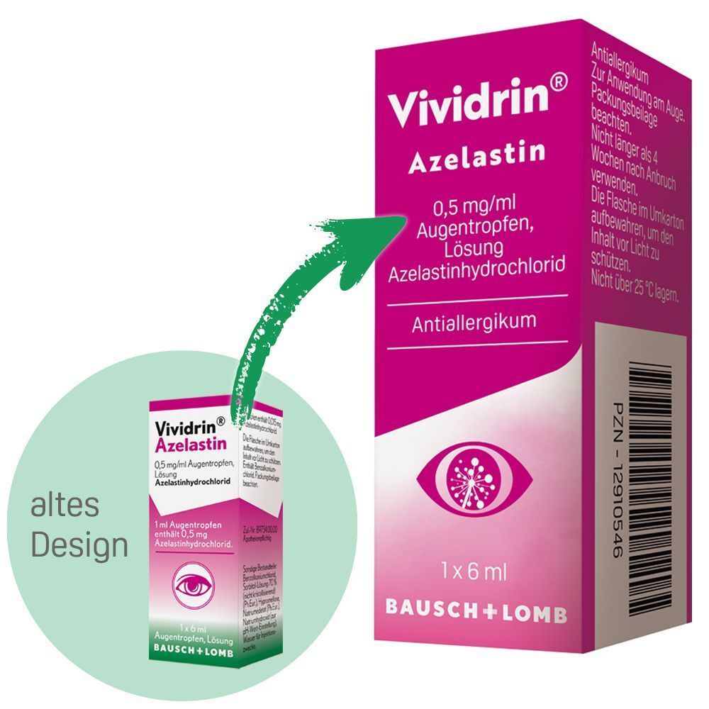 Vergleich von Vividrin Azelastin Augentropfen Verpackungen. Links: altes Design. Rechts: aktuelles Design mit Produktinformationen.
