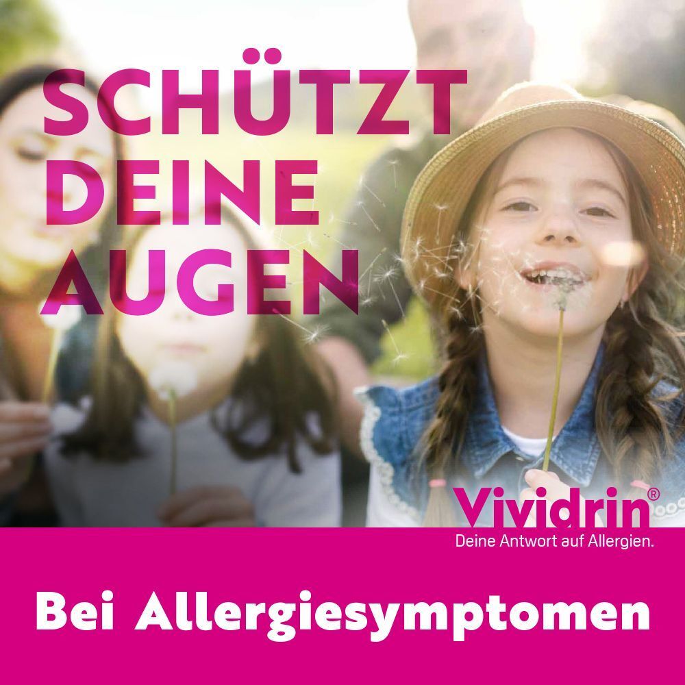 Werbung mit Familie im Freien. Text: Schützt deine Augen. Produktlogo und Slogan: Deine Antwort auf Allergien. Bei Allergiesymptomen.