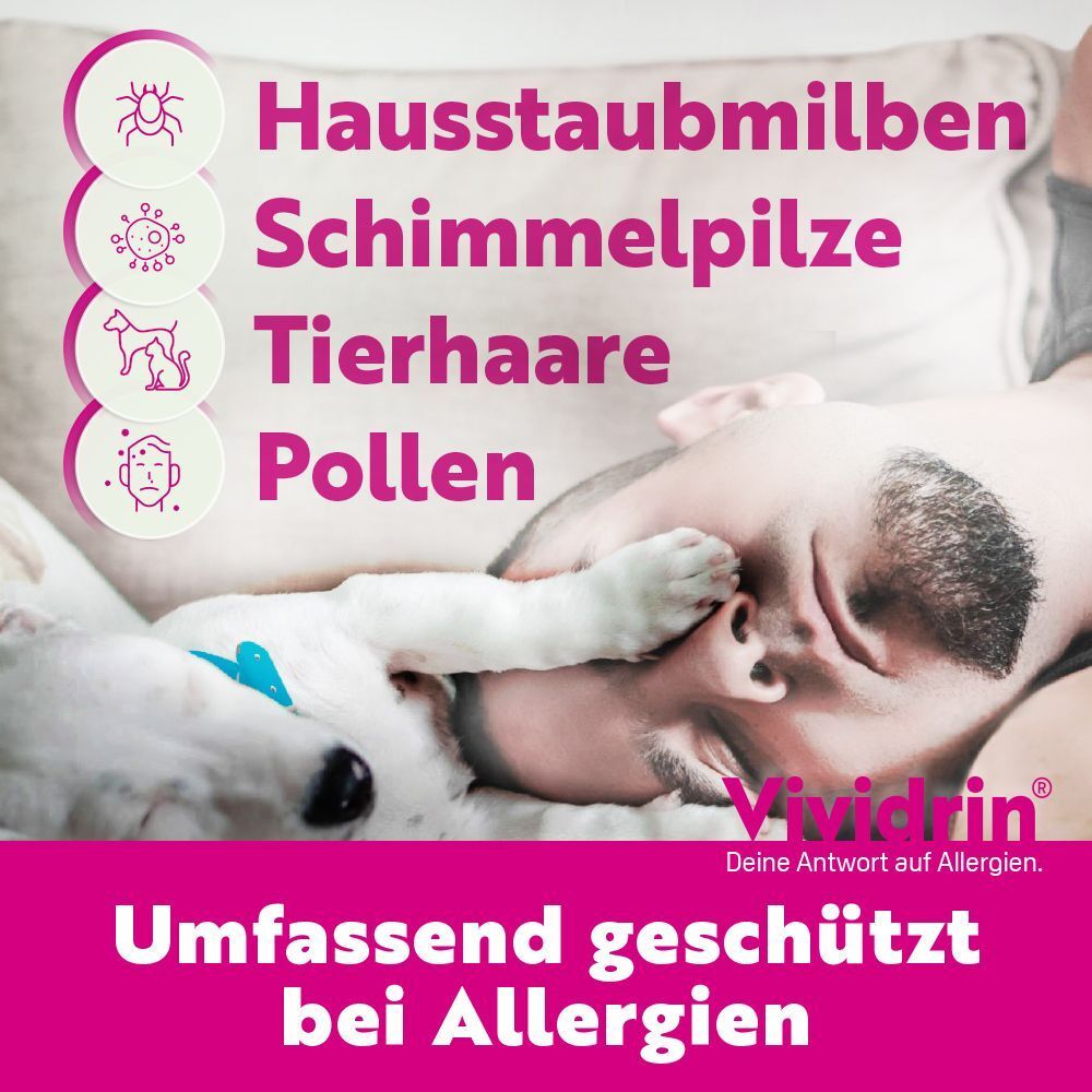 Mann im Bett mit Allergieauslösern. Text: Hausstaubmilben, Schimmelpilze, Tierhaare, Pollen. Umfassend geschützt bei Allergien. Logo.