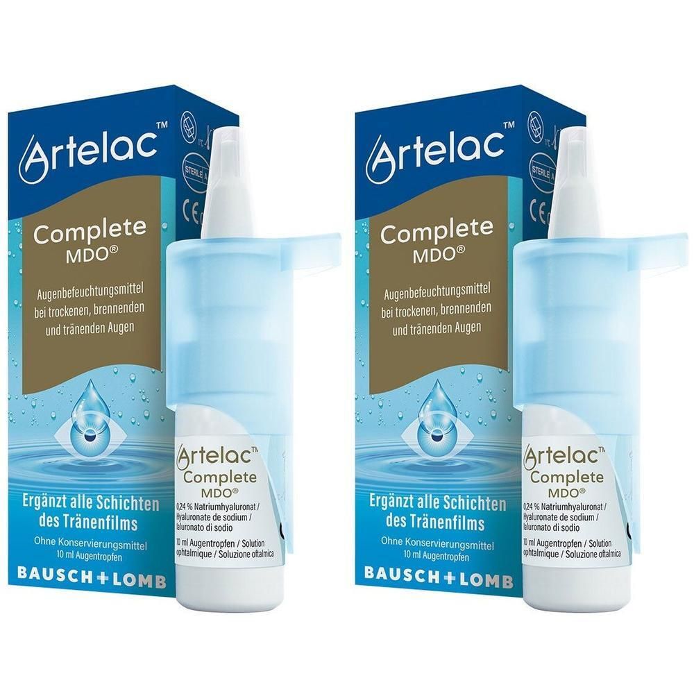 Zwei Packungen Artelac® Complete MDO. Jede Packung enthält eine Flasche und eine Schachtel. Blaue und weiße Verpackung.