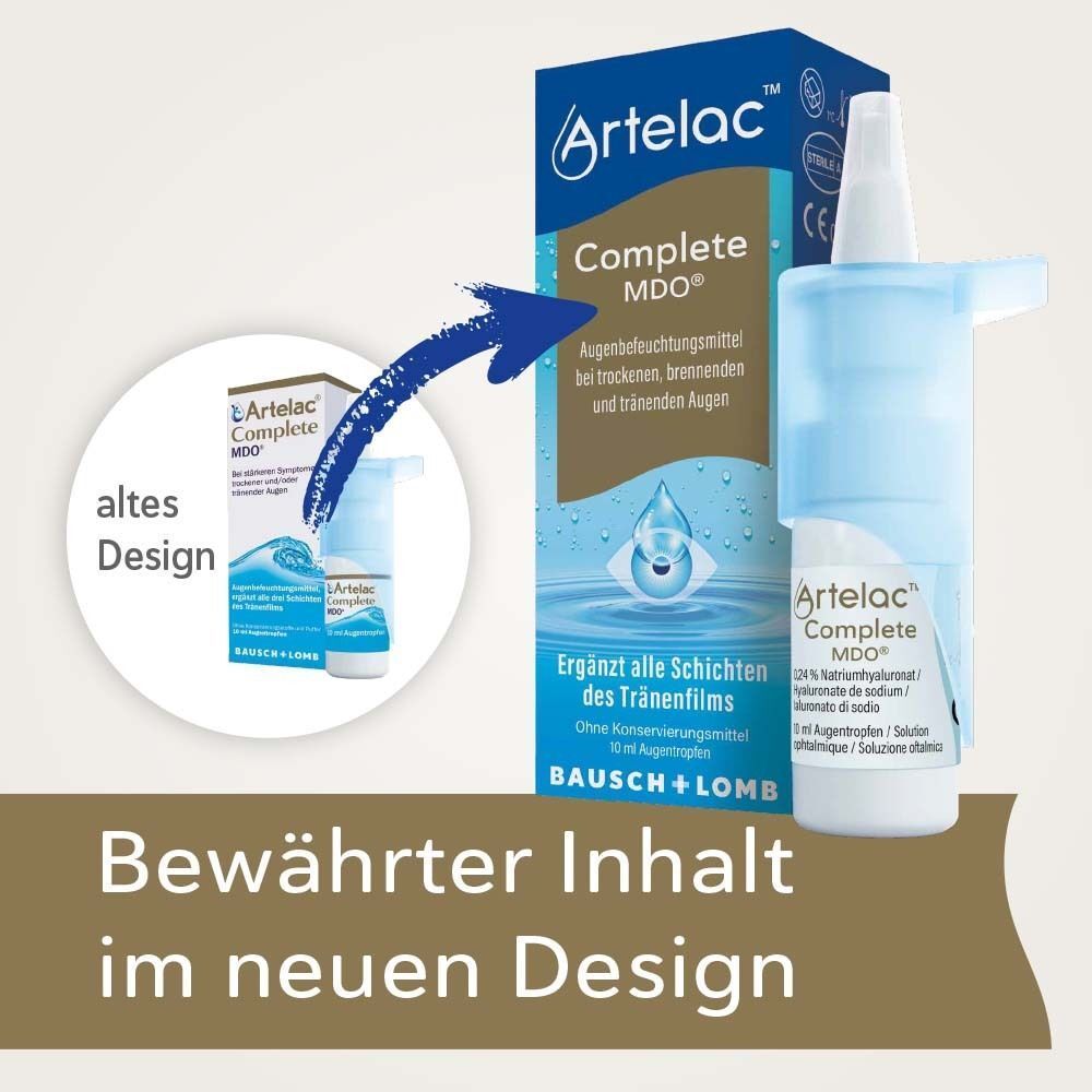 Vergleich von altem und neuem Design von Artelac® Complete MDO. Das neue Design zeigt eine blaue Flasche und eine Schachtel.