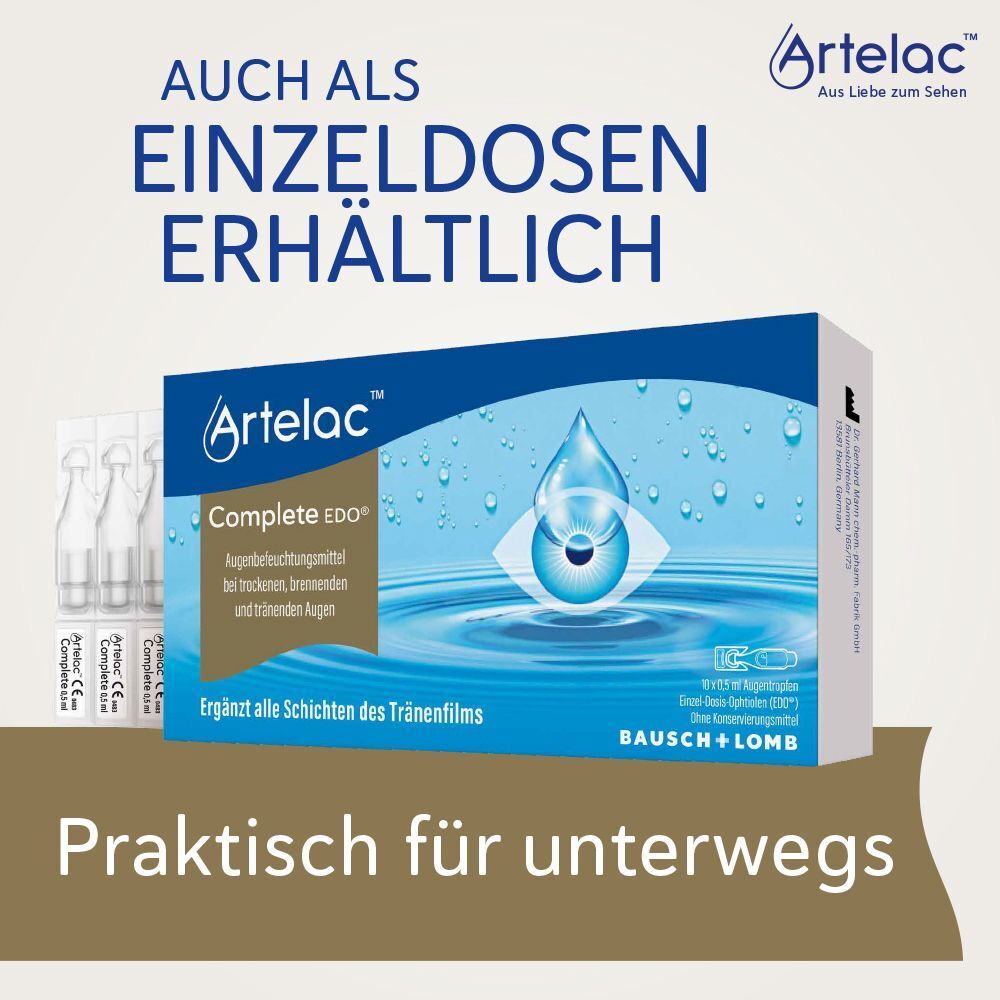 Packung mit Einzeldosen von Artelac® Complete EDO. Text: Auch als Einzeldosen erhältlich. Praktisch für unterwegs.