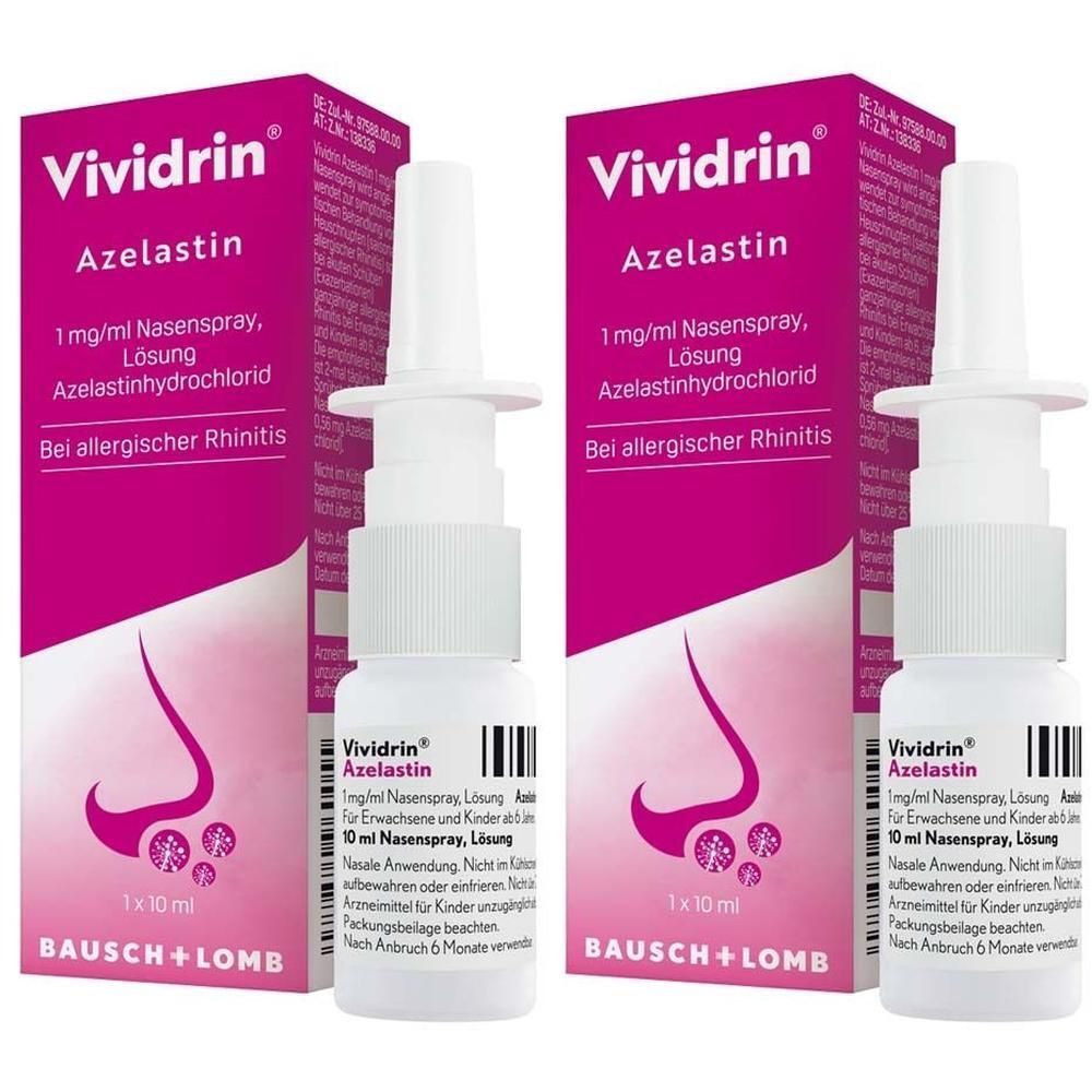 Zwei Flaschen Nasenspray mit Verpackung. Aufschrift: Vividrin Azelastin 1 mg/ml. Bei allergischer Rhinitis. Bausch + Lomb.