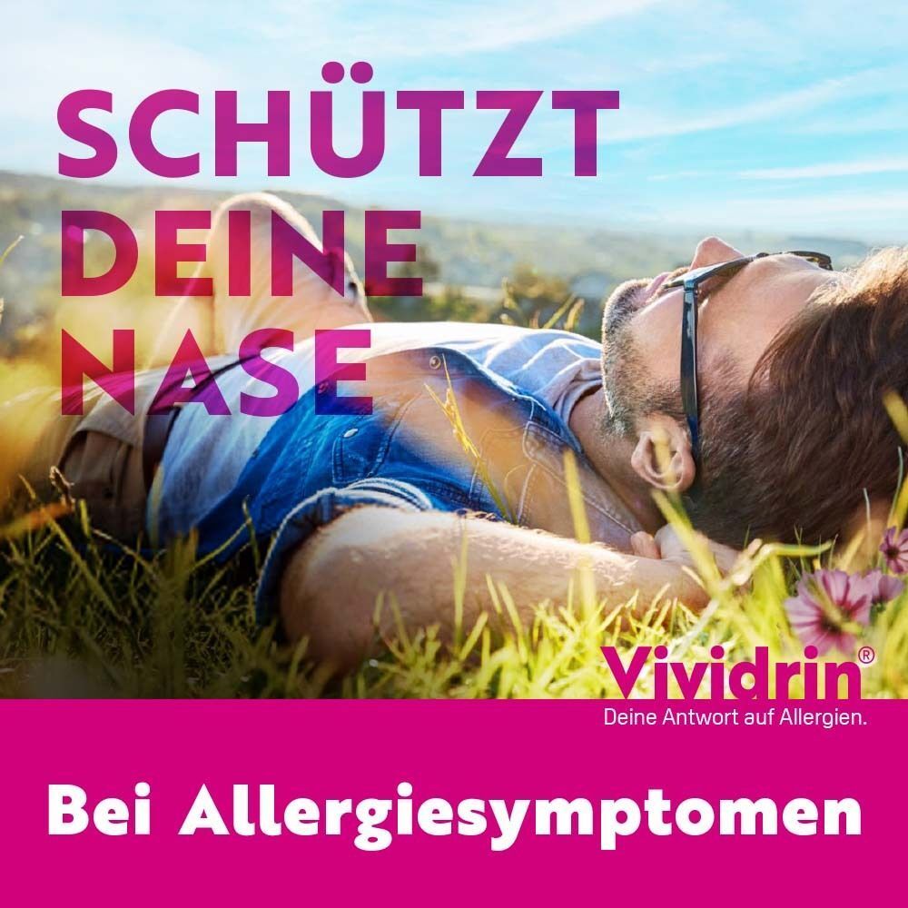 Mann liegt im Gras. Aufschrift: Schützt deine Nase. Vividrin. Bei Allergiesymptomen.
