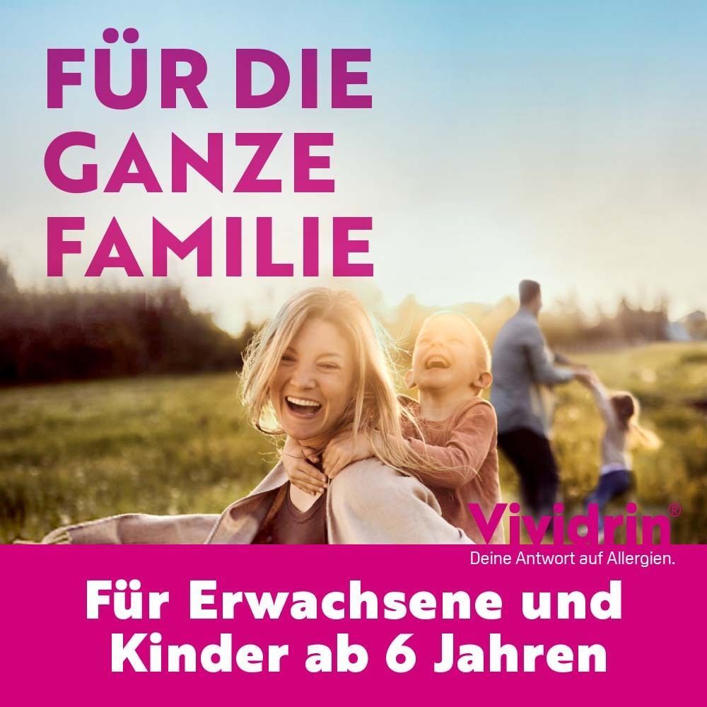 Familie im Freien. Aufschrift: Für die ganze Familie. Vividrin. Für Erwachsene und Kinder ab 6 Jahren.