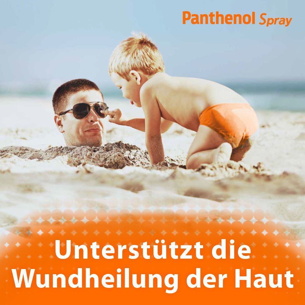 Ein Mann im Sand, bedeckt bis zum Hals, mit Sonnenbrille. Ein Kind berührt seine Nase. Text: Unterstützt die Wundheilung der Haut.