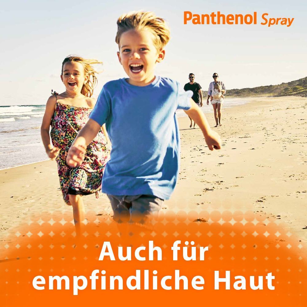 Zwei Kinder rennen am Strand. Text: Auch für empfindliche Haut. Oben: Panthenol Spray.