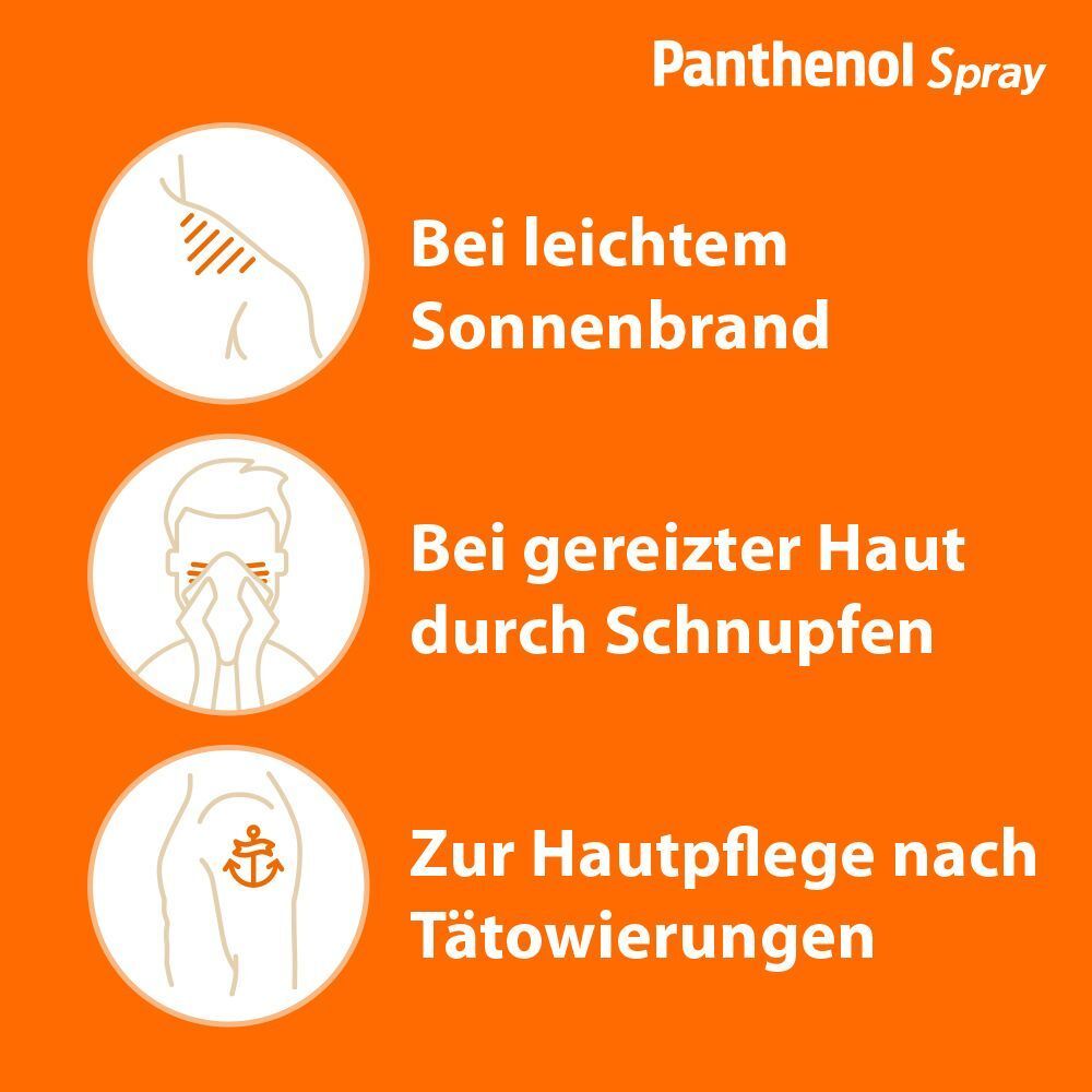 Drei Kreise mit Piktogrammen und Text. Oben: Panthenol Spray. Themen: Sonnenbrand, gereizte Haut, Hautpflege nach Tätowierungen.