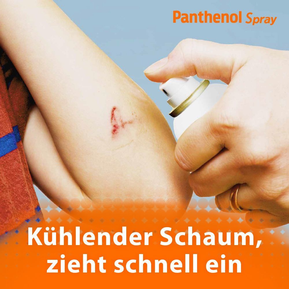 Arm mit Wunde, wird mit Panthenol Spray besprüht. Text: Kühler Schaum, zieht schnell ein.