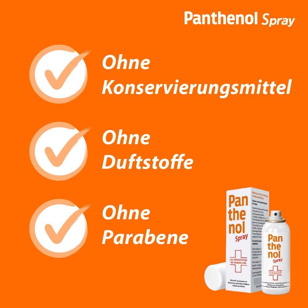 Drei Häkchen mit Text. Oben: Panthenol Spray. Themen: Ohne Konservierungsmittel, Duftstoffe, Parabene.
