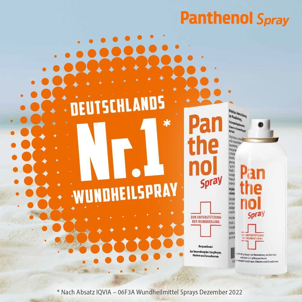 Panthenol Spray und Verpackung am Strand. Text: Deutschlands Nr. 1 Wundheilspray.
