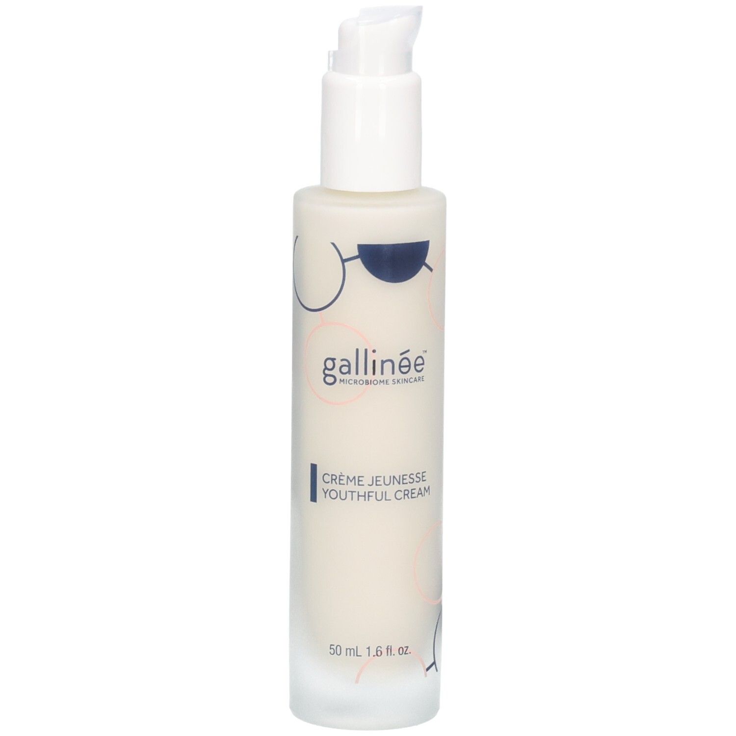 Weiße Flasche mit Pumpe. Aufschrift: gallinée, Crème Jeunesse Youthful Cream. 50 ml.
