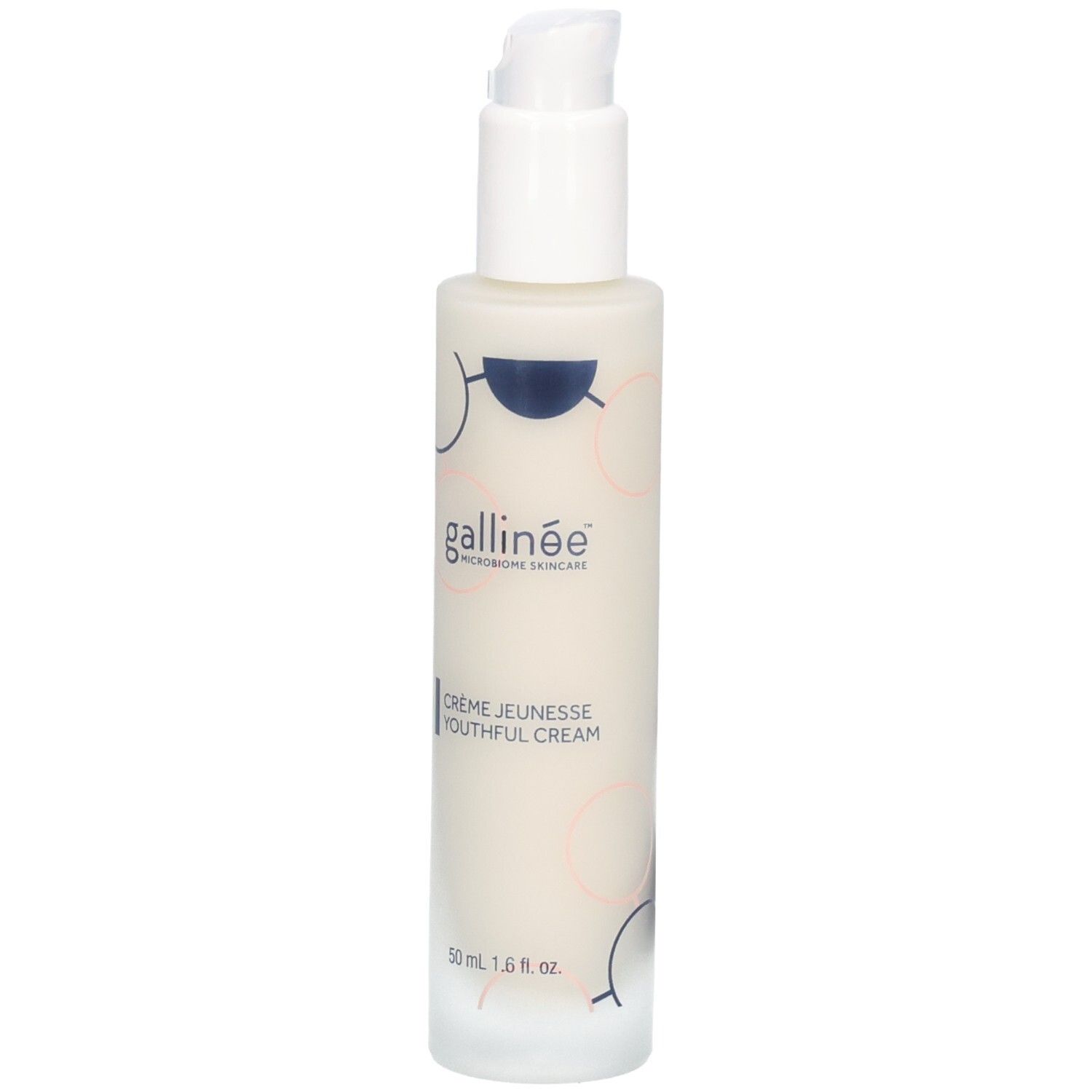 Weiße Flasche mit Pumpe. Aufschrift: gallinée, Crème Jeunesse Youthful Cream. 50 ml.