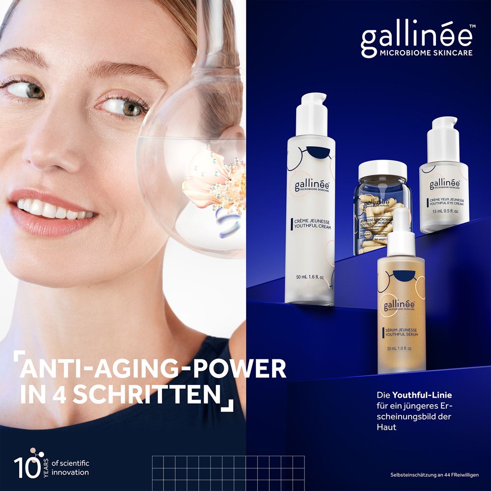Frau mit Produkten. Produkte: Creme, Serum, Kapseln. Text: Anti-Aging-Power in 4 Schritten.