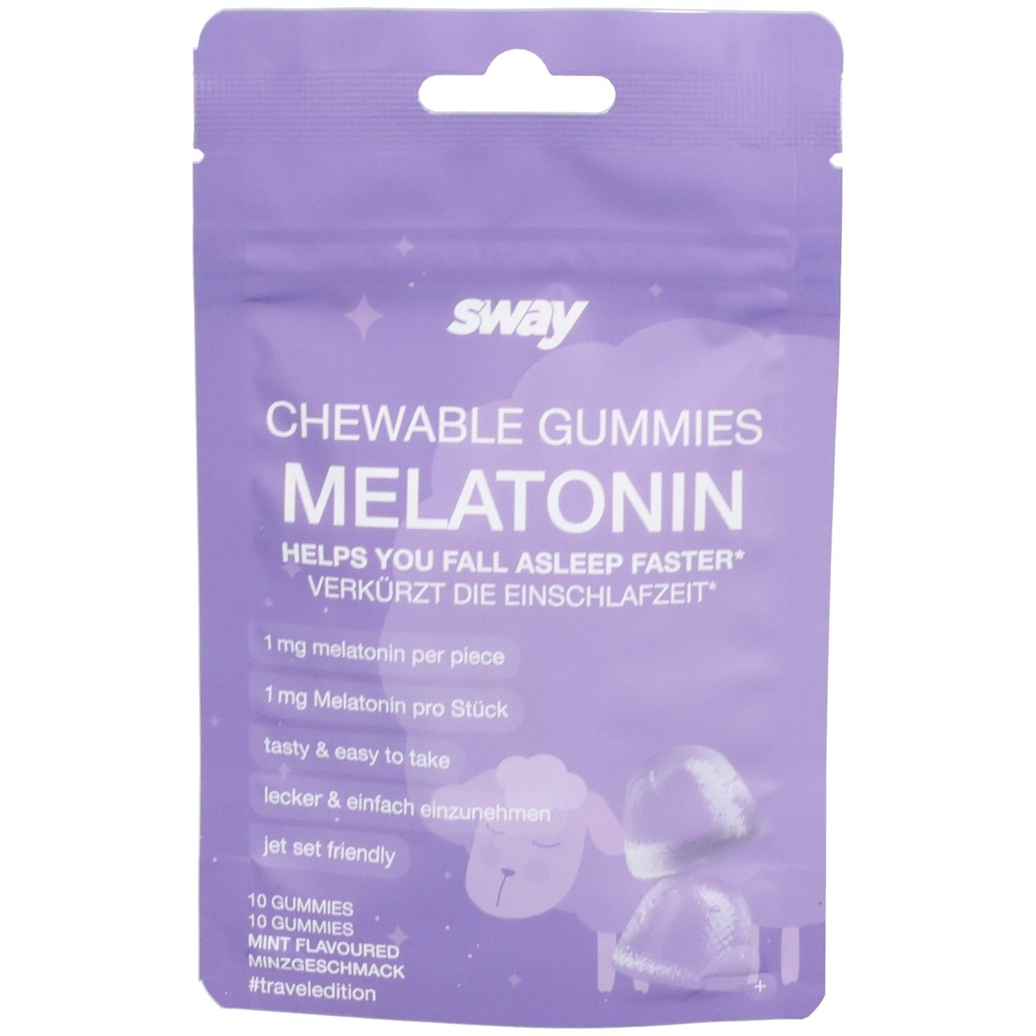 Lila Beutel mit „sway“ Logo und Text: „Chewable Gummies Melatonin“. Enthält 10 Gummis. Abbildung von Gummis und Schaf.