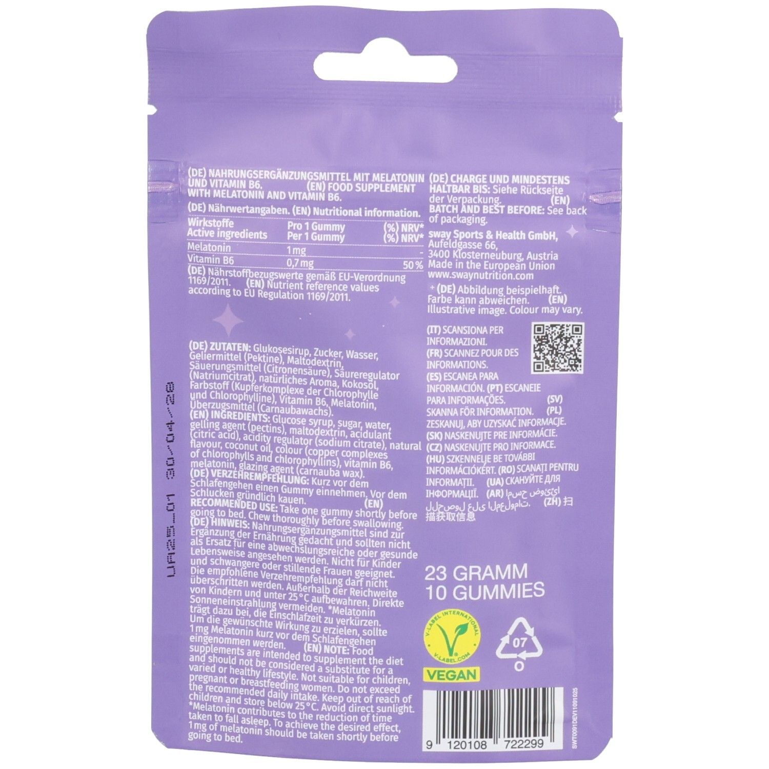 Rückseite des lila Beutels. Text mit Nährwertangaben, Inhaltsstoffen und Verzehrempfehlung. Enthält 23 Gramm und 10 Gummis. Vegan-Logo.
